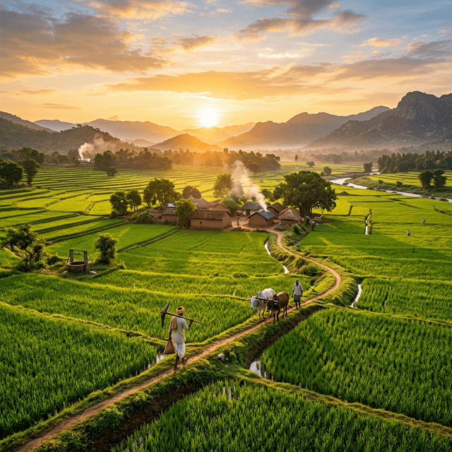 Lush green Indian agricultural fields at sunrise